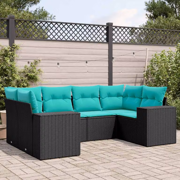 Set di divani da giardino vidaXL a forma di L composto da 6 pezzi con cuscini, struttura in metallo e rattan, colore nero, blu e turchese