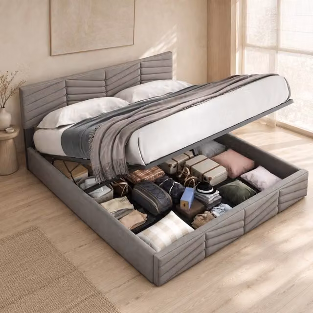 Letto matrimoniale imbottito ULEVR 180x200 cm con contenitore idraulico e testiera regolabile, velluto grigio