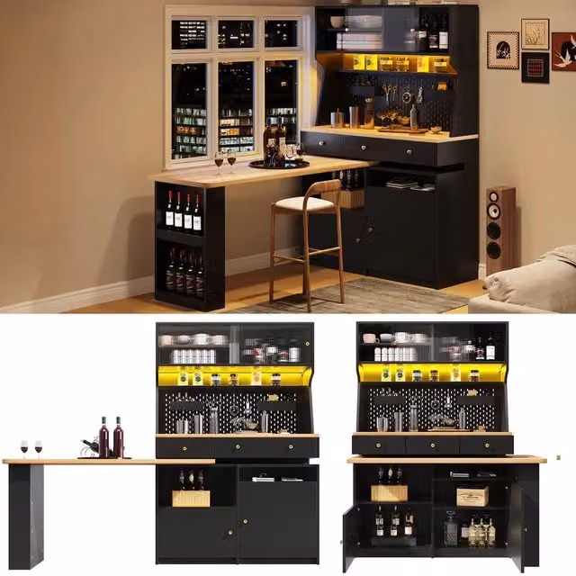 Armadio con Scrivania Multiuso ¨C Minimal ¨C Nero, Ante in Vetro, Ripiani Regolabili, 160x80x190