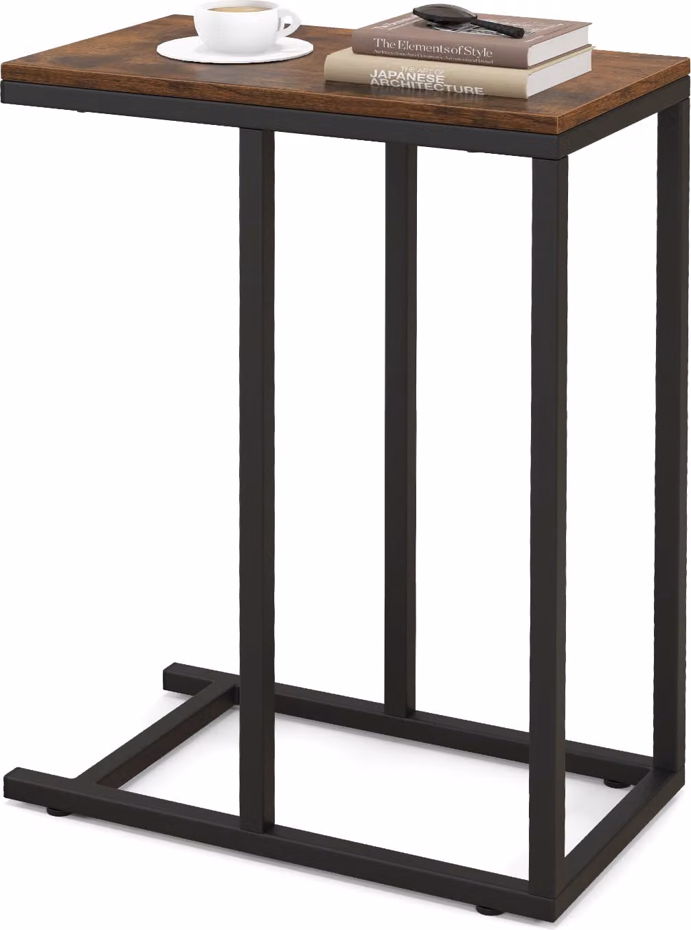 COSTWAY Tavolino a C per divano e letto, tavolino da divano alto 64 cm con struttura in metallo, tavolino porta TV rustico marrone