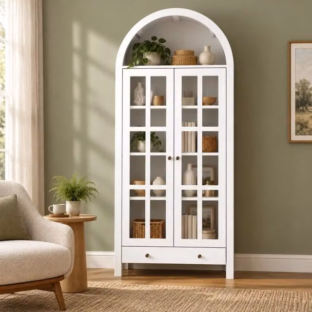 Vetrina alta ULEVR 75x35x170,5 cm ad arco con ante in acrilico, ripiani e cassetto, bianca