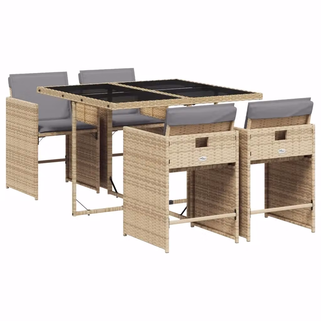 Set da pranzo da giardino vidaXL in polyrattan con tavolo in vetro e 5 sedie con cuscini, colori beige, nero o grigio – 2