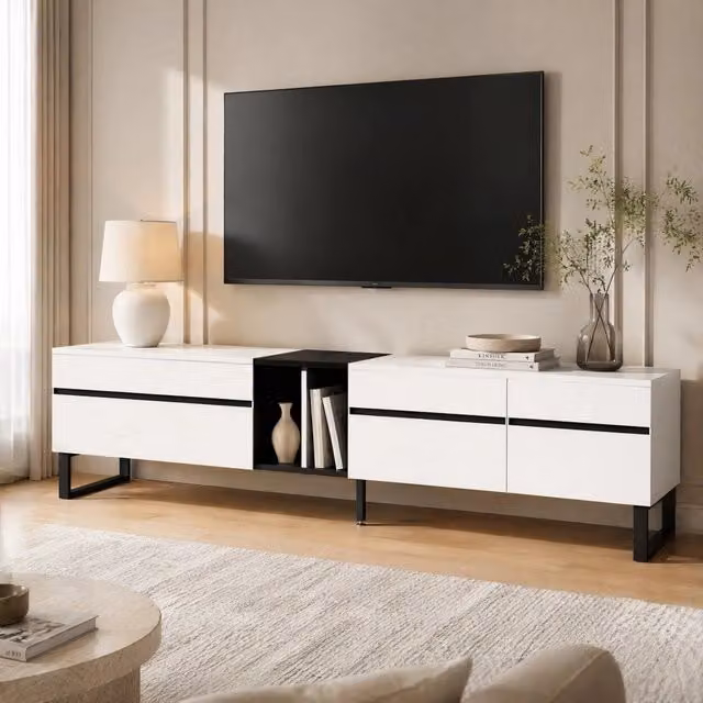 Mobile TV bianco da 180 cm con ripiano a ribalta, scomparti aperti e ante doppie – Mobile TV moderno e funzionale per il soggiorno