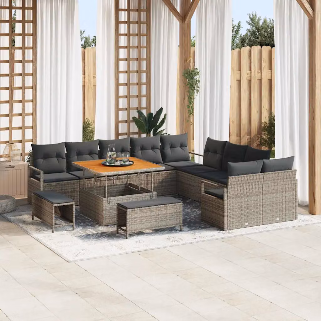 Set Divano da Giardino vidaXL 13 Pezzi Grigio con Cuscini e Tavolino da Esterno a Forma di U