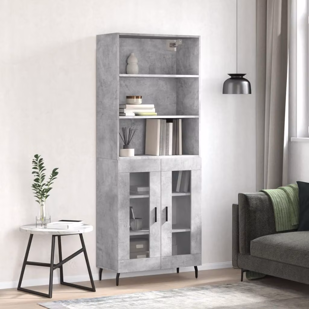 Credenza moderna vidaXL in legno e metallo con ante in vetro, Grigio, L: 69,5 cm, P: 34,0 cm, H: 180,0 cm
