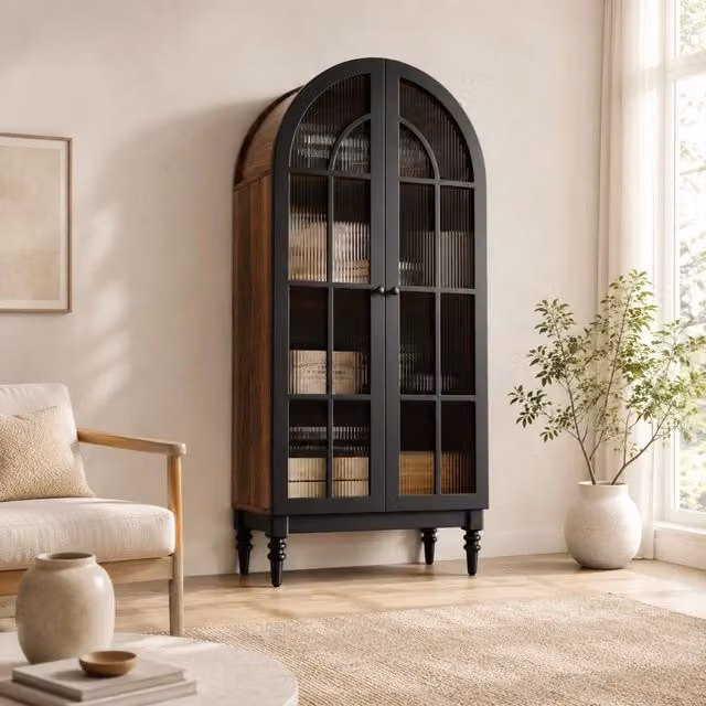 Vetrina alta Mivray nera con ante in vetro e ripiani interni in MDF per soggiorno o ingresso L/P/H: 76 x 35.5 x 165 cm