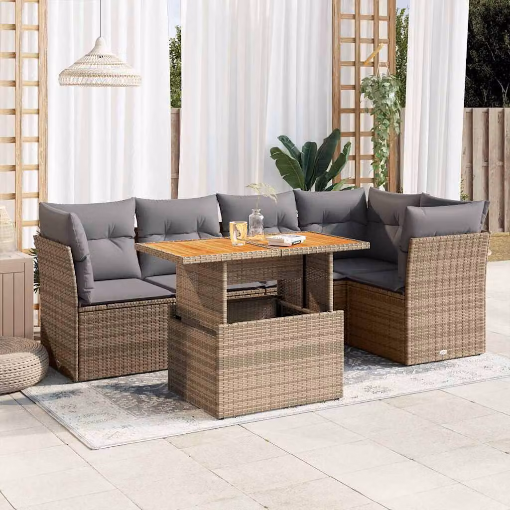 Set Divano da Giardino vidaXL 6 pz in Polyrattan con Cuscini Beige e Tavolino da Esterno a Forma di L