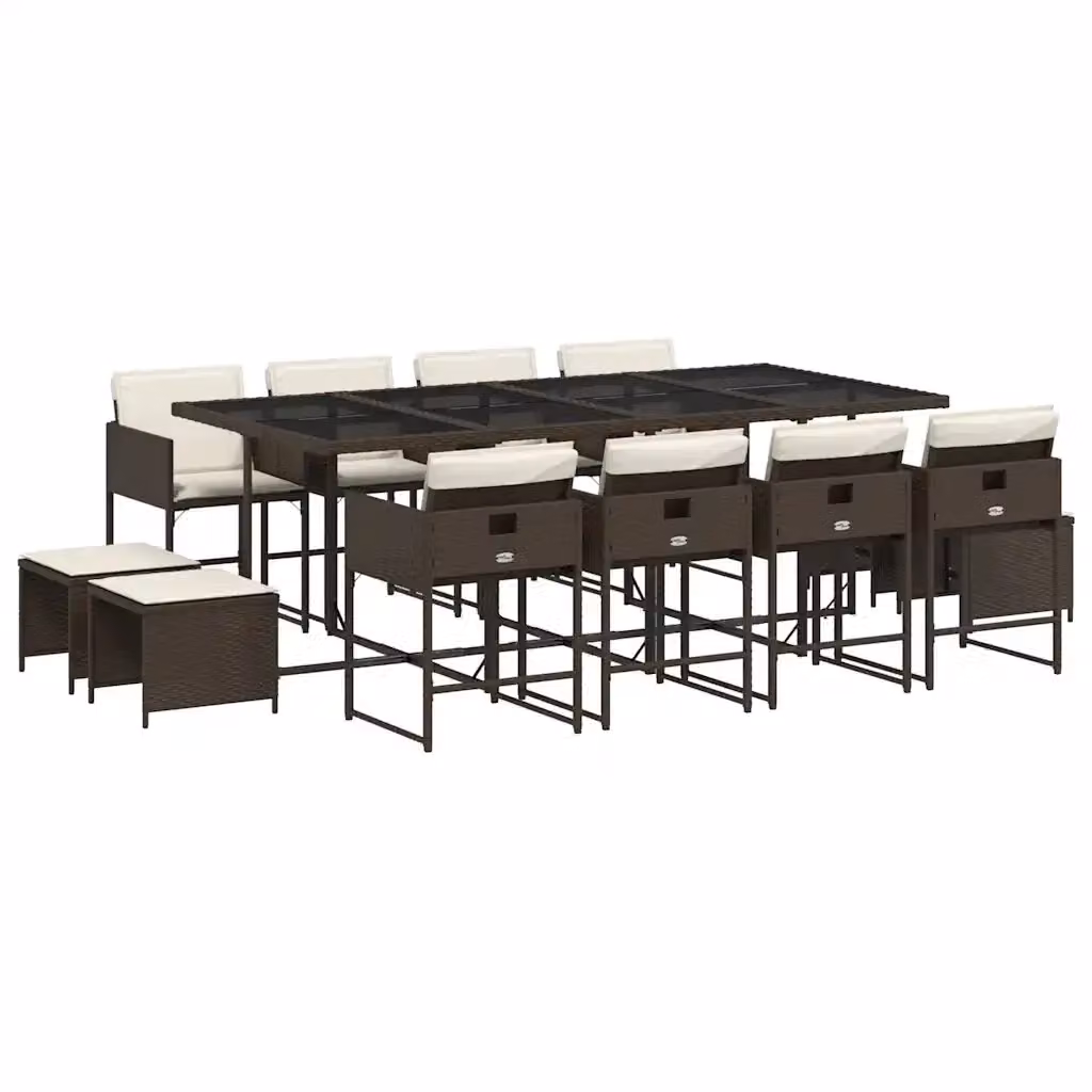 Set da Pranzo da Giardino vidaXL 13pz in Polyrattan Marrone con Cuscini e Tavolo in Vetro – 2