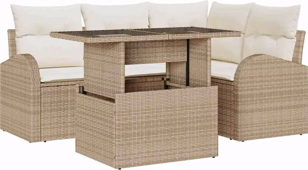 Set Divano da Giardino con cuscino 5 pcs Beige polyrattan