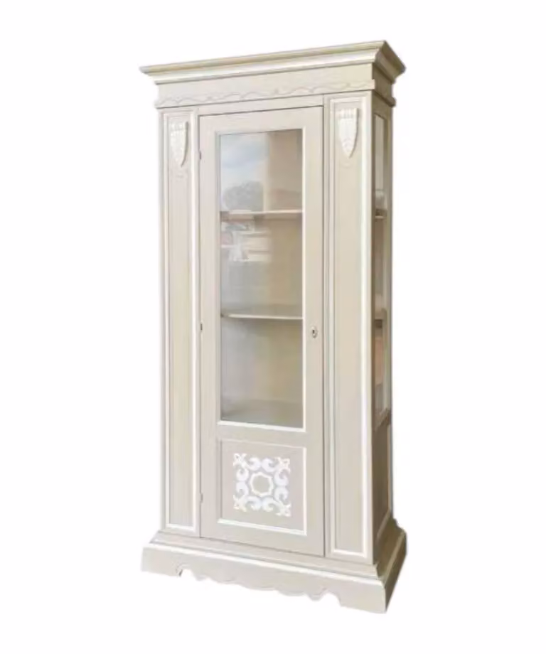 Vetrina Mobili 2G in legno stile shabby chic con anta in vetro, colore tortora e profili bianchi, L: 95 cm, P: 47 cm, H: 210 cm