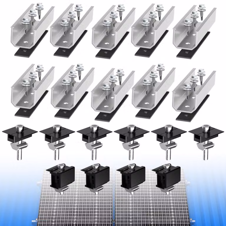 Supporto per pannelli solari fotovoltaici su tetto piano con lamiera grecata + morsetti regolabili per binari per 4 moduli