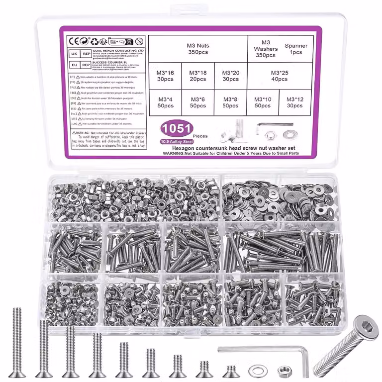 Set di viti M3, composto da 1051 pezzi, a testa bombata, con esagono interno, per fissaggi di vario tipo