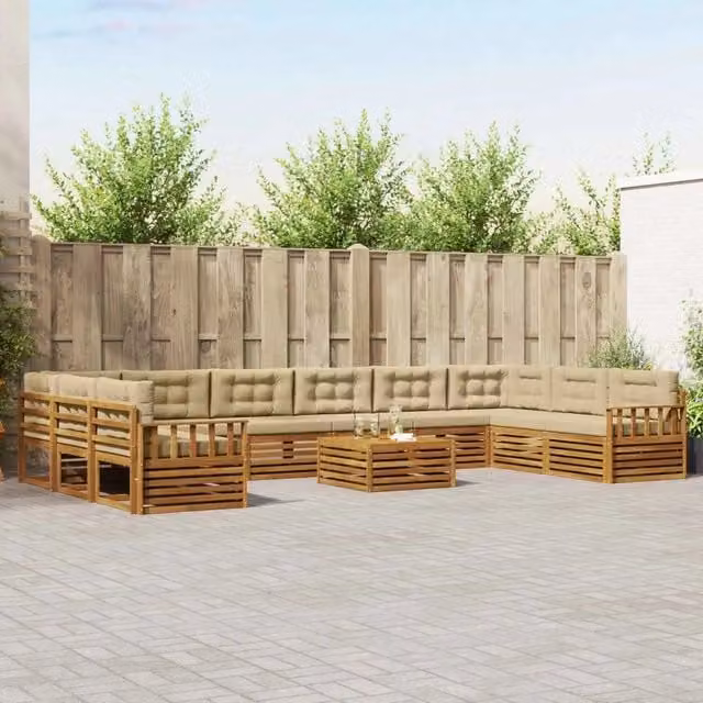 Set di divani da giardino vidaXL in legno di acacia massello con cuscini, 11 pezzi, beige e marrone, forma a L con tavolino da caffè
