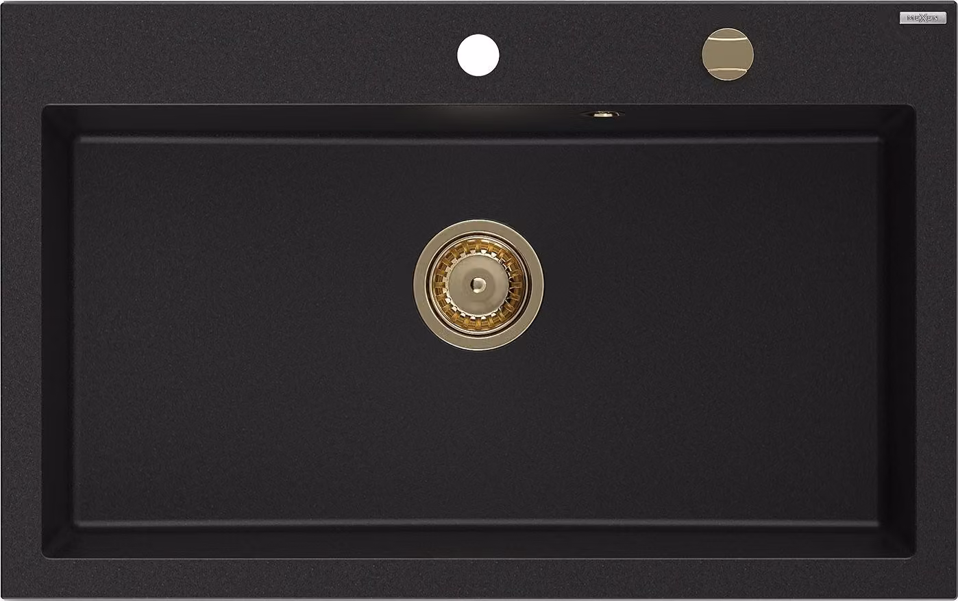 Mexen Elix lavello in granito a 1 vasca 800 x 500 mm, nero, sifone dorato - 6527801005-77-G