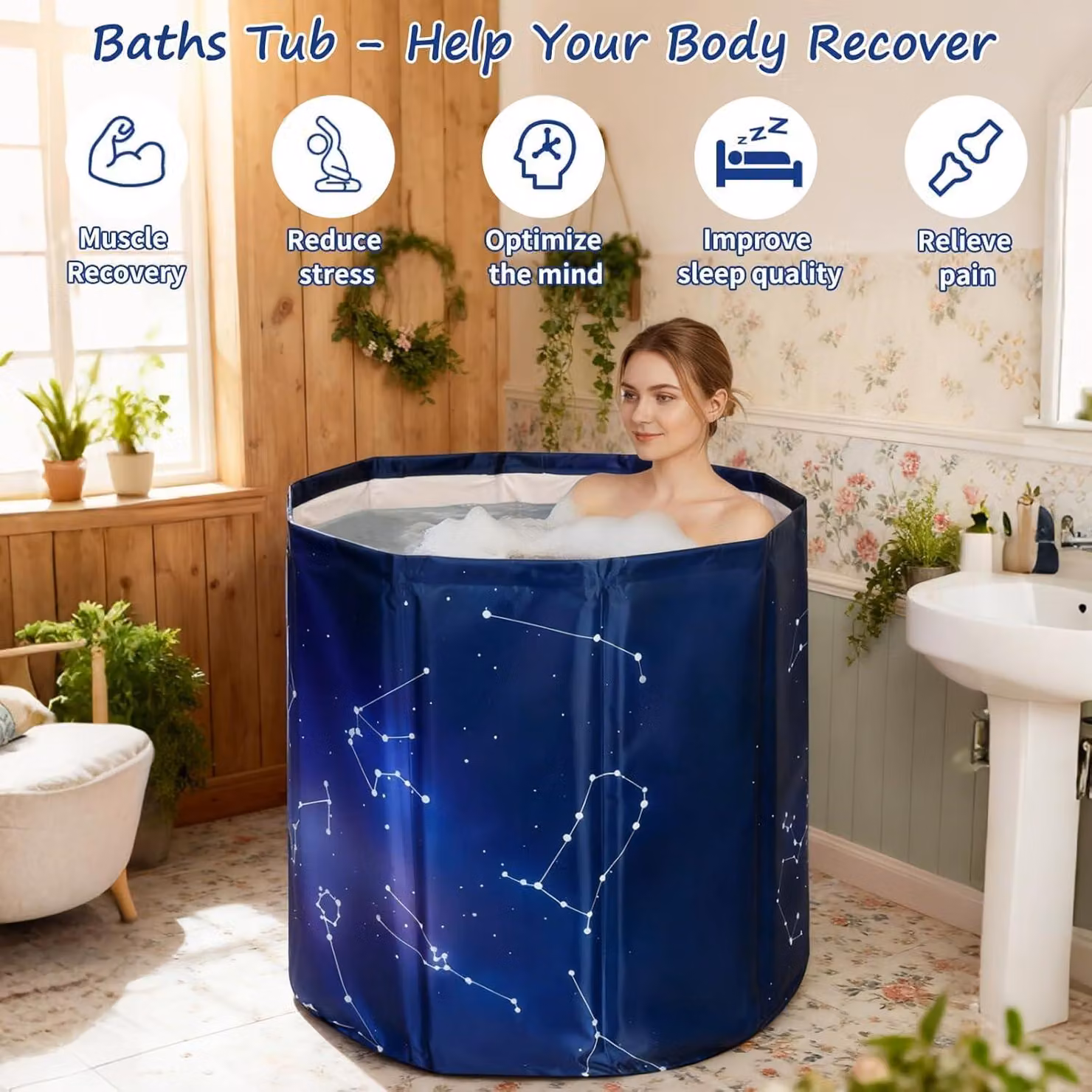 Vasca da bagno pieghevole, vasca da bagno con acqua fredda, autoportante, color viola, per uso domestico