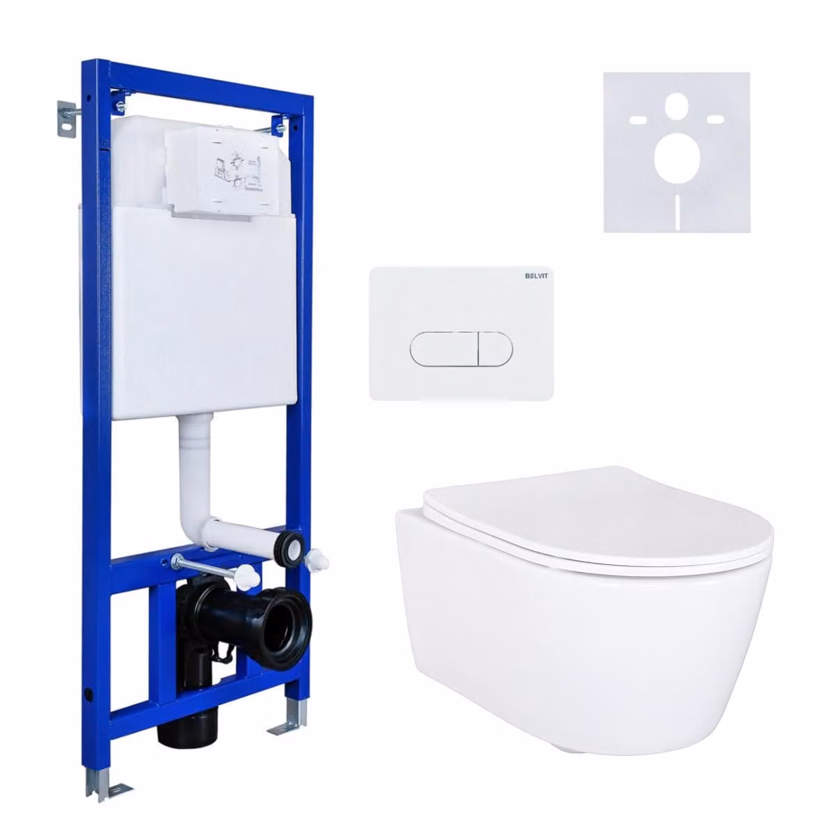 Set completo per WC sospeso BELVIT in bianco – modello senza brida con sedile Softclose, elemento da pre-parete, placca di azionamento e isolamento acustico