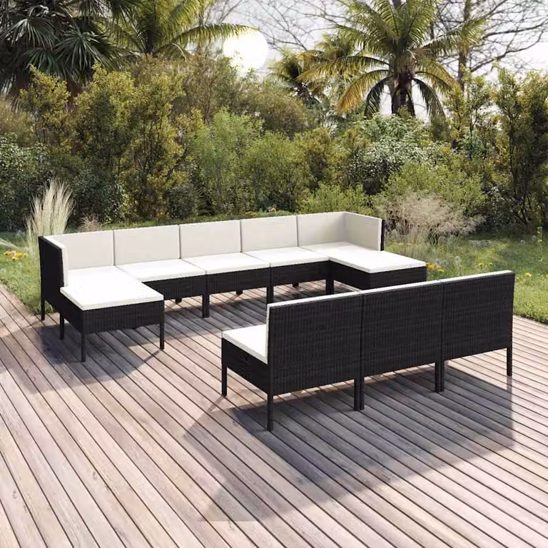 Set di divani da giardino vidaXL 10 pezzi in rattan con cuscini bianchi e struttura in metallo nero a forma di U