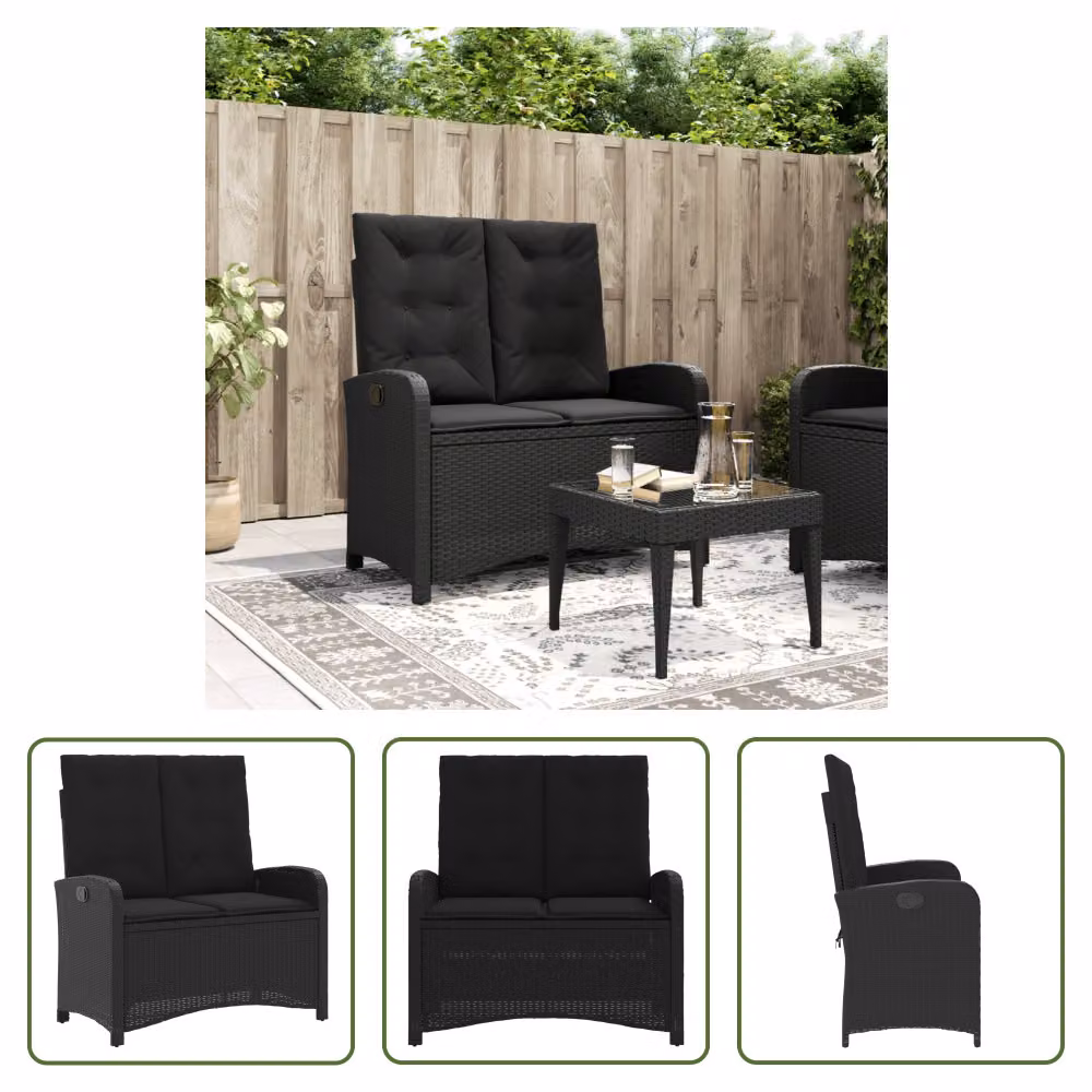 The Living Store Panca da giardino regolabile con cuscini in poly rattan nero
