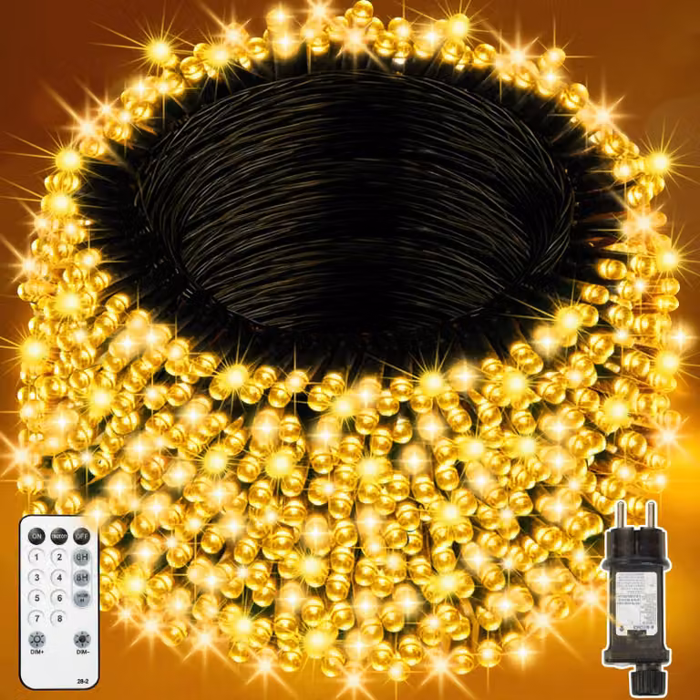 Catena luminosa con 500 LED, trasparente, 20 metri, impermeabile, con telecomando
