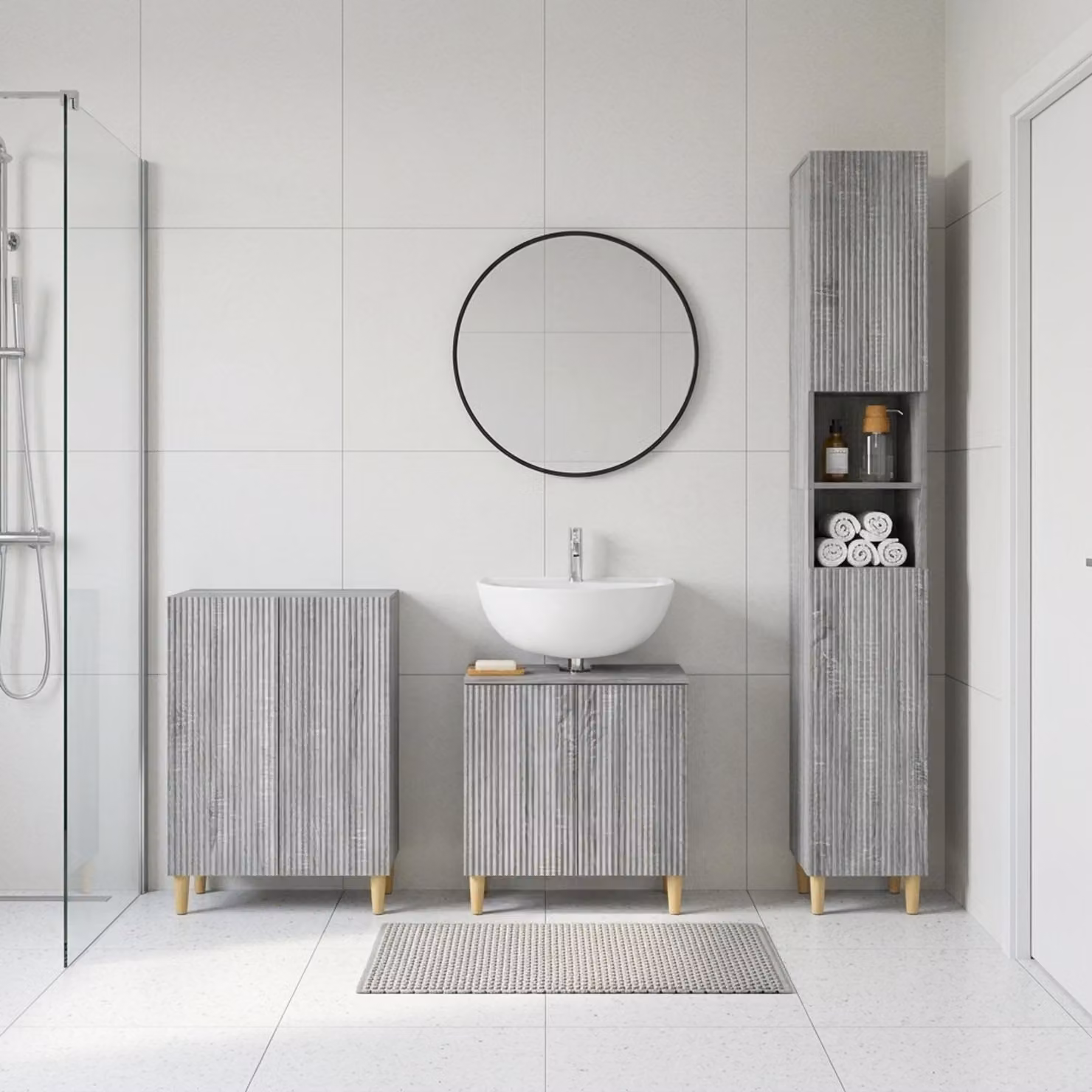 Set di armadietti da bagno moderni vidaXL ARNHEM in 3 pezzi, colore grigio Sonoma, con vanità, mobile laterale e pensile