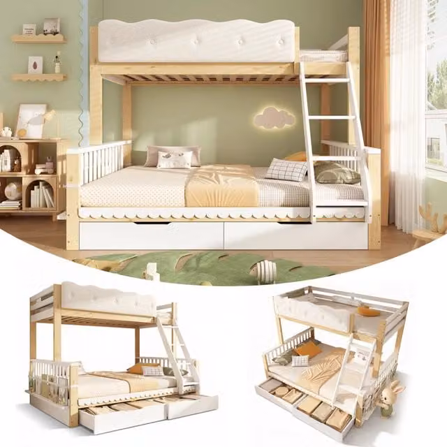 Letto a castello in legno bianco e rovere con letto inferiore matrimoniale, cassetti e portariviste
