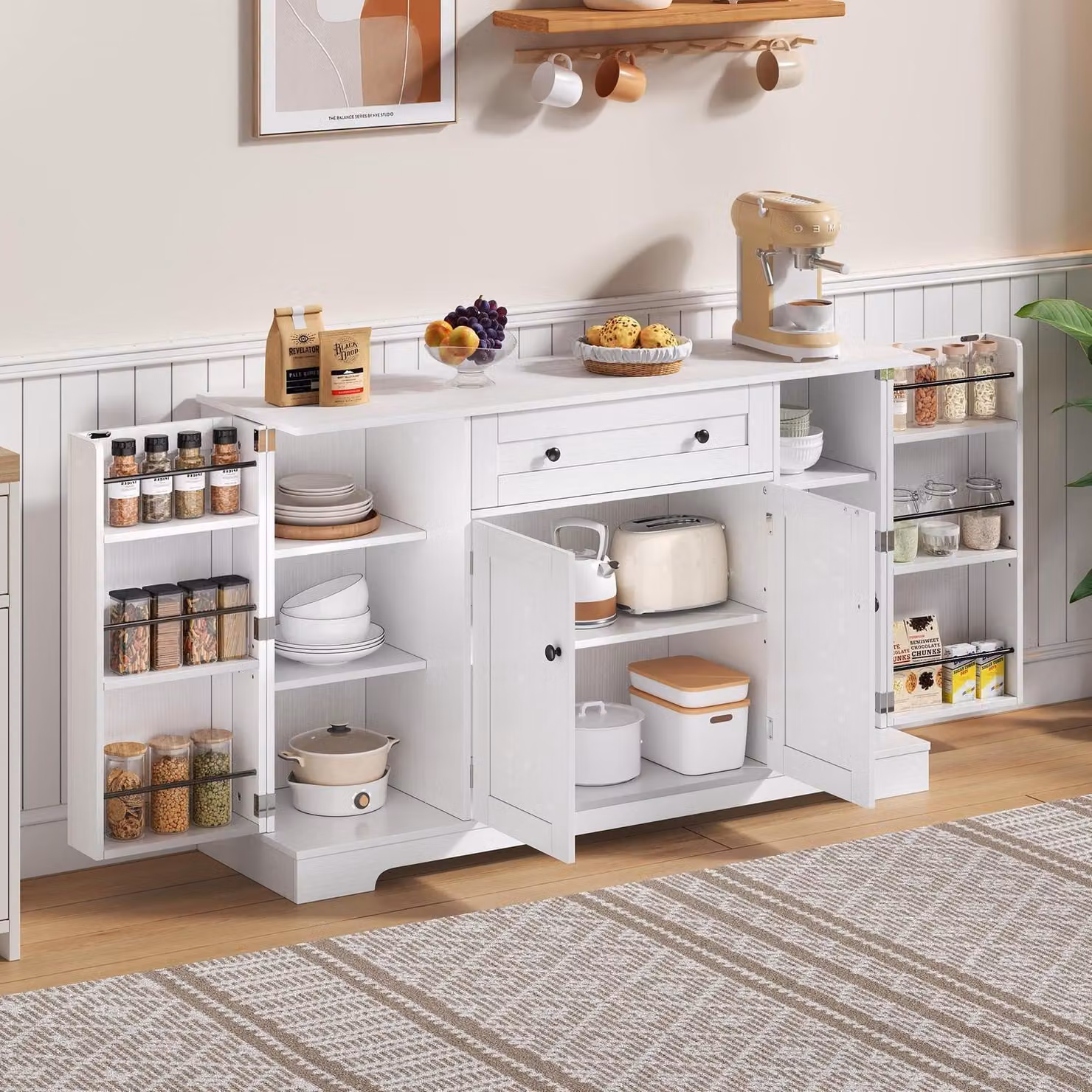 Credenza da cucina con cassetto e ante a ripiano, dimensioni 138x40x85 cm, colore bianco