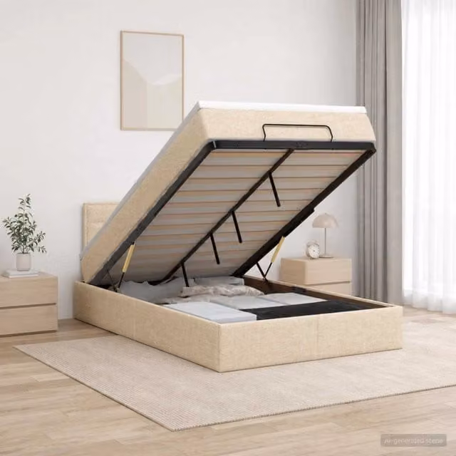 Letto ottomano moderno vidaXL con contenitore a sollevamento in tessuto beige L: 120 cm, P: 200 cm, H: 140 cm