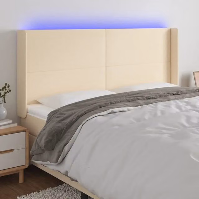 Testiera con LED e porta USB vidaXL in tessuto beige, L 163 x P 16 x H 118/128 cm