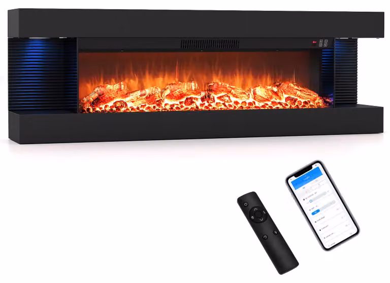 COSTWAY, caminetto elettrico da 32 pollici, con riscaldamento a 750W/1500W, illuminazione LED laterale, effetto fiamma 3D, 12 colori di fiamma, controllo tramite app e telecomando