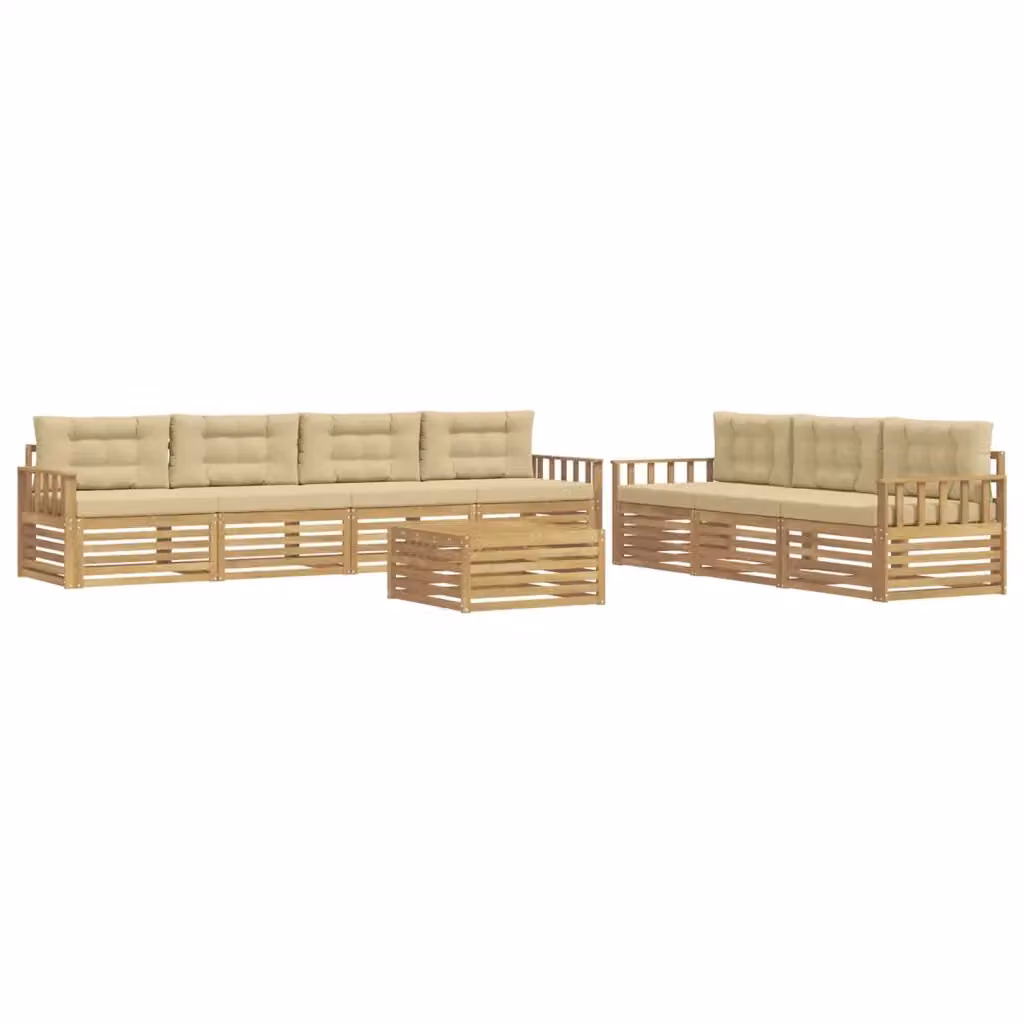 Set di mobili da esterno vidaXL composto da divano a 3 posti, poltrone e tavolino da caffè in legno di acacia con cuscini bianchi e beige – 2