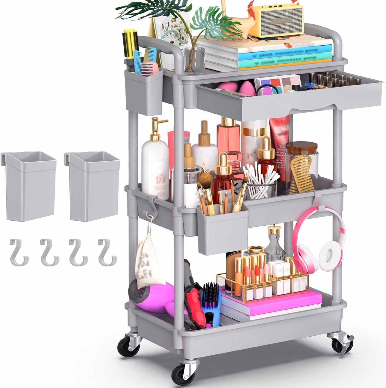 Carrello portaoggetti a 3 ripiani, con cassetto, piani in plastica, ruote bloccabili, colore grigio, per la cucina