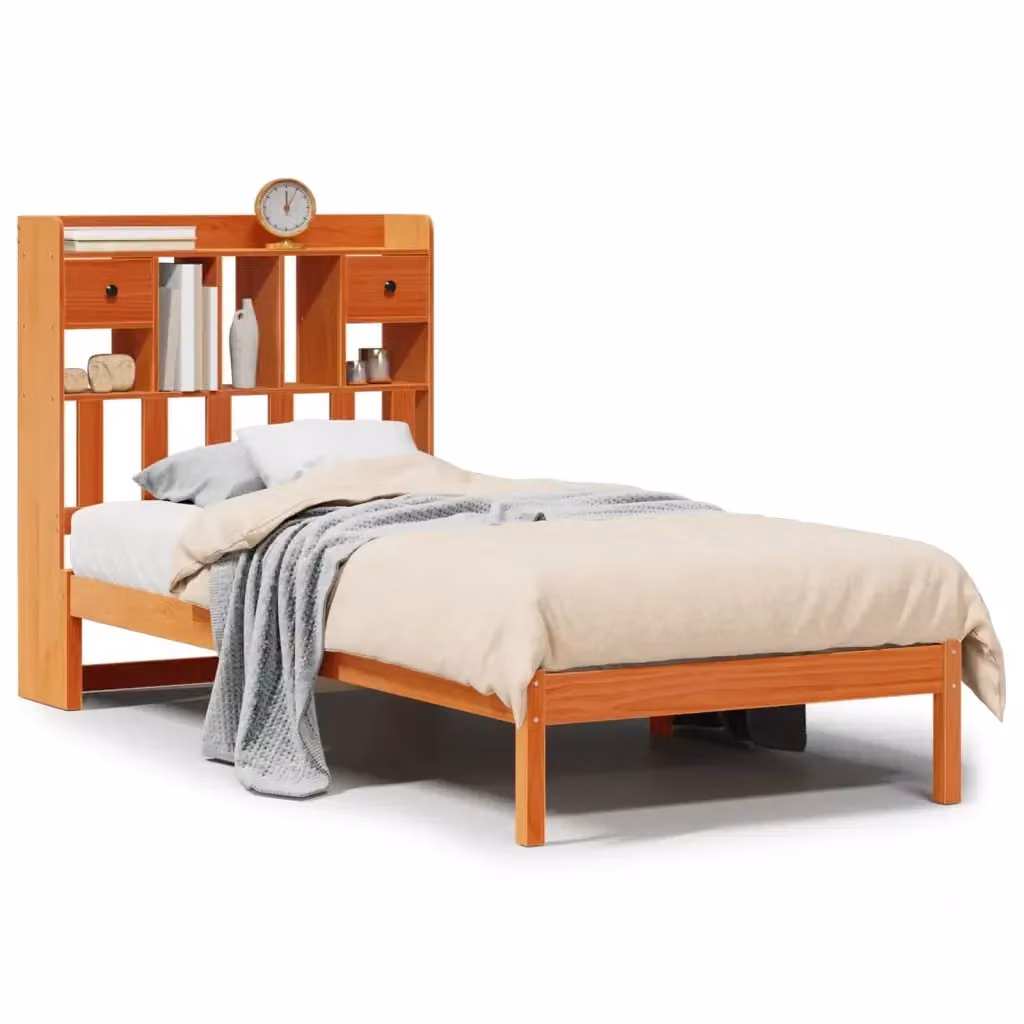 Letto Libreria vidaXL in Legno di Pino Massiccio Marrone Cera con Scaffali e Doghe in Legno L: 75 cm, P: 190 cm, H: 110 cm – 2