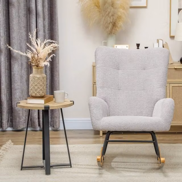 Poltrona a dondolo relax WISHDOR in tessuto bouclé grigio con braccioli e struttura in legno e metallo – 1
