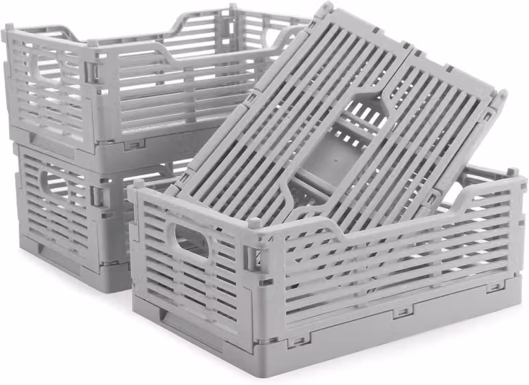 Contenitori pieghevoli e impilabili, confezione da 4, realizzati in plastica, dimensioni 22x15x9 cm, ideali per la casa, colore grigio