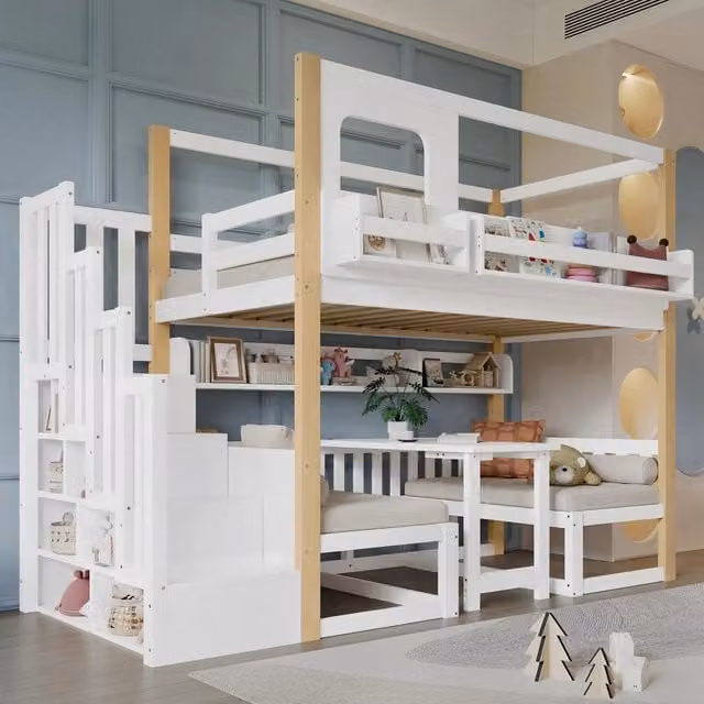 Letto a Castello per Bambini con Tavolo e Libreria ¨C MINIMAL ¨C Pino Multistrato Bianco 90x200