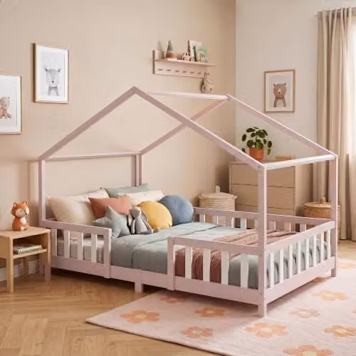 [en.casa] Letto a Casetta con Materasso 140x200 cm Rosa/Bianco