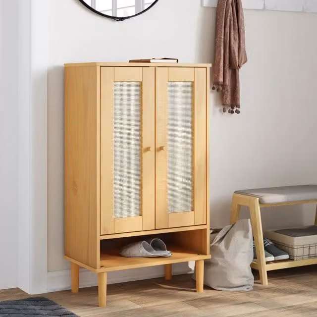 Scarpiera vidaXL in legno di pino e rattan marrone con ante a ribalta, stile boho, L/P/H: 59,5 x 35 x 107 cm – 1