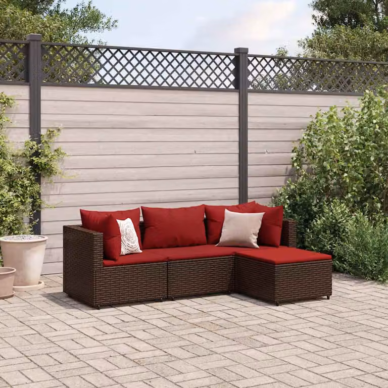 Set di mobili da giardino vidaXL a forma di L con cuscini e pouf in rattan marrone e struttura in acciaio verniciato a polvere