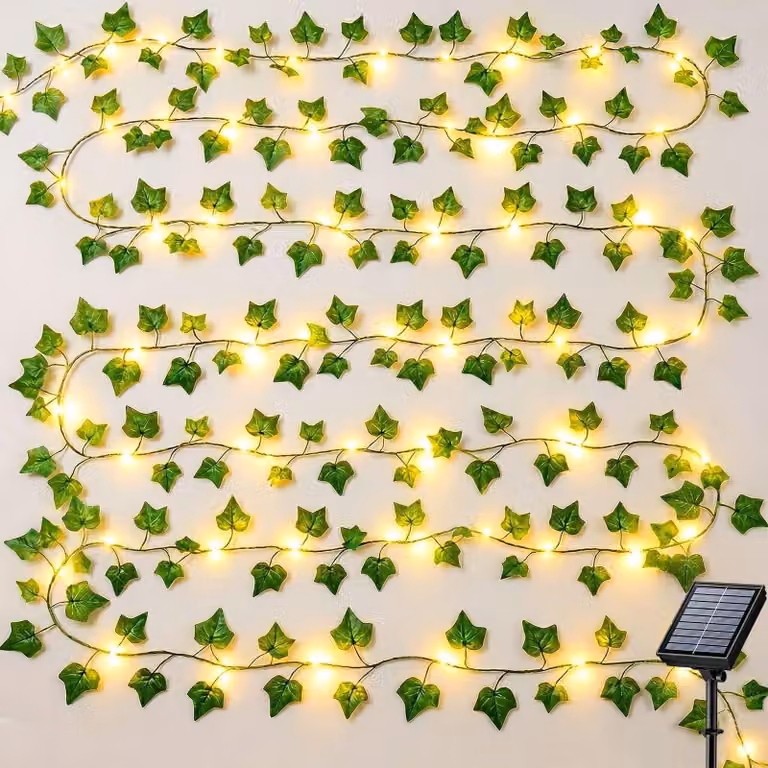 Catena luminosa solare con edera artificiale, 10 metri, 100 LED, 8 modalità, grado di protezione IP65