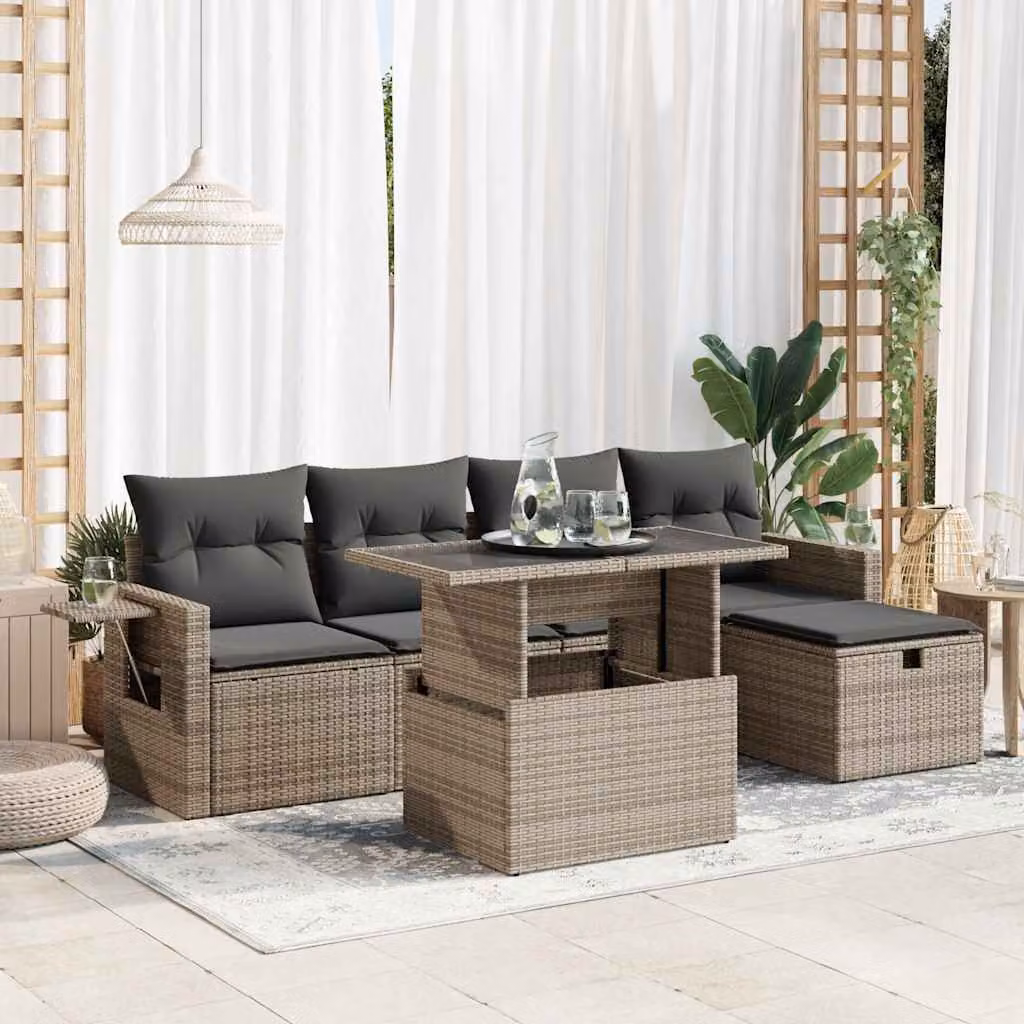 Set Divano da Giardino vidaXL 6 pz in Polyrattan Grigio con Cuscini e Tavolino da Esterno