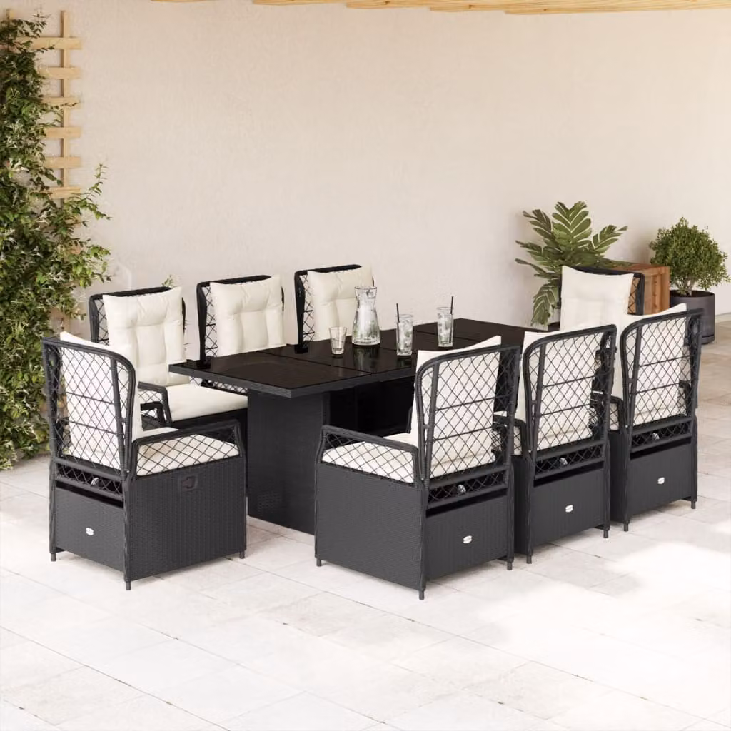Set da Pranzo da Giardino 9 pz vidaXL in Polyrattan Nero con Piano in Vetro e Cuscini – 1