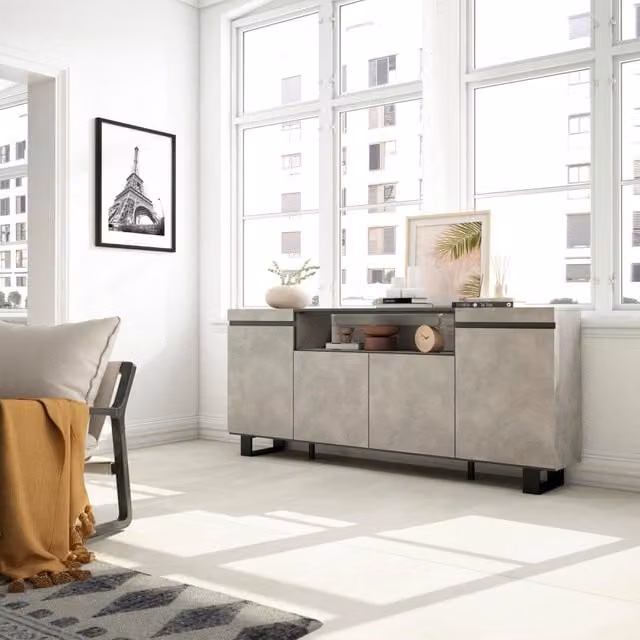 Credenza, Mobile, 200x35x87cm, 4 Porte, Design industriale, grigio cemento RF2285
