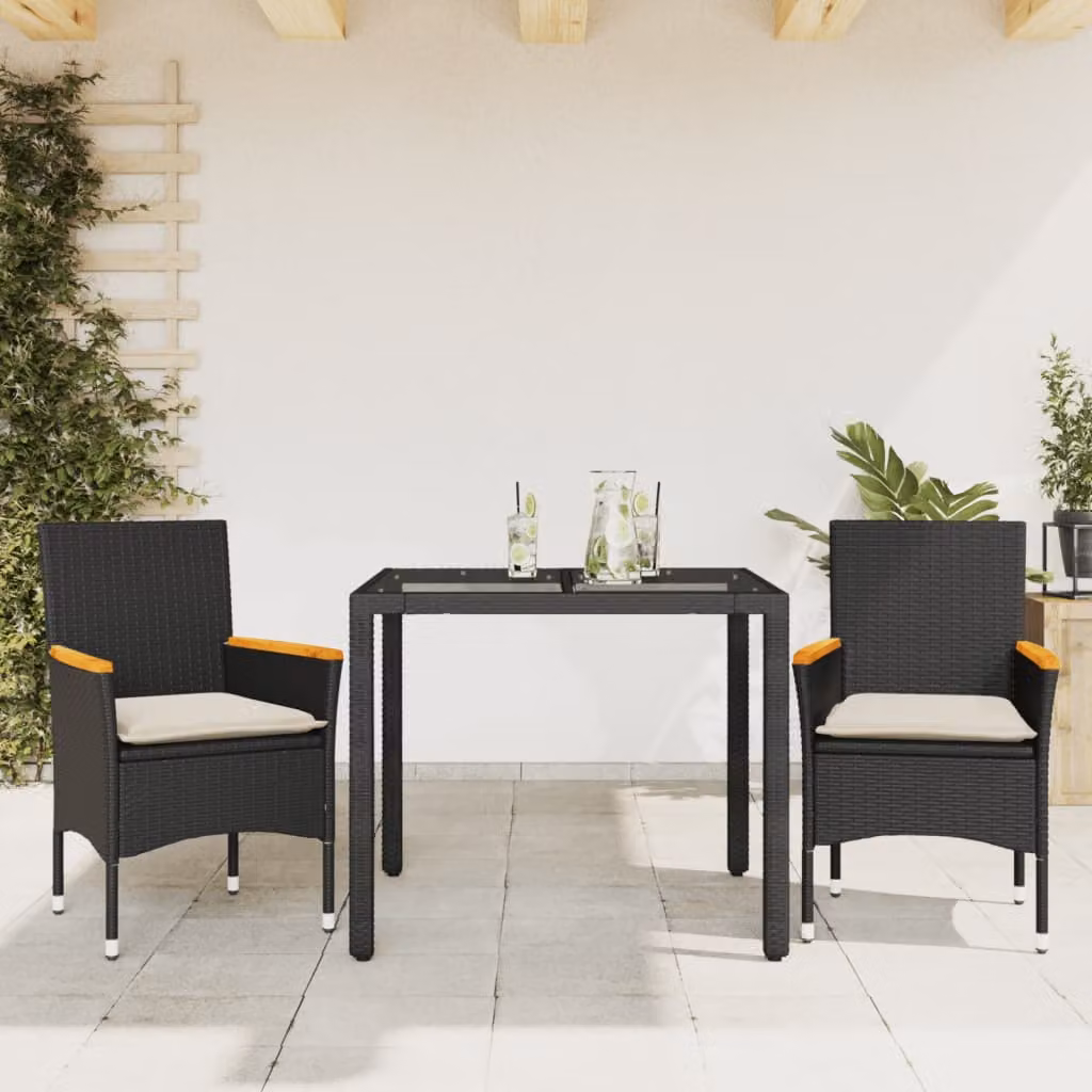 vidaXL Set da Pranzo da Giardino 3 Pezzi in Polyrattan con Cuscini e Tavolo in Vetro e Legno di Acacia Bianco e Nero