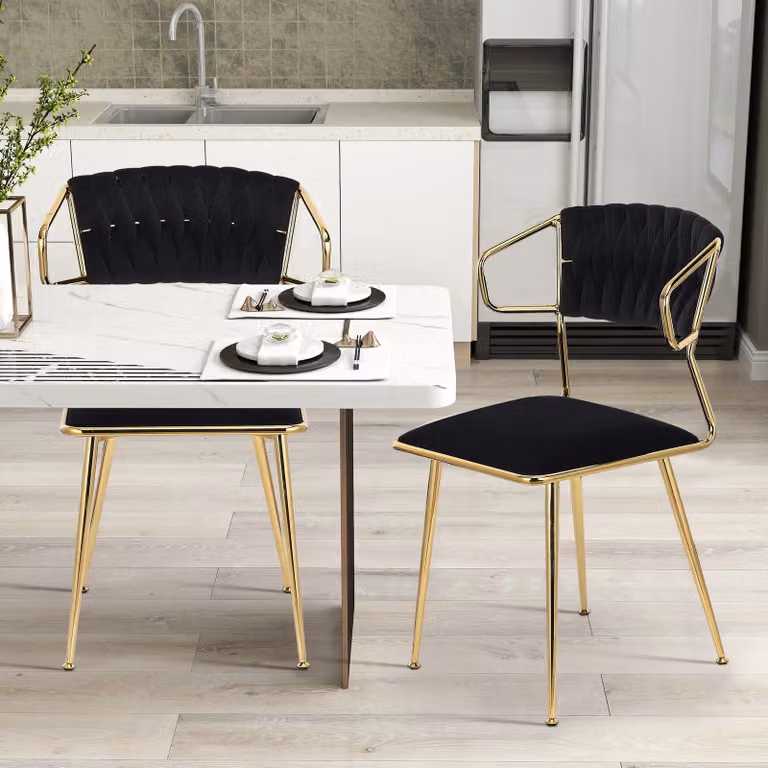 Set di 2 sedie da pranzo in velluto con schienale intrecciato e gambe in metallo dorato, sedie da salotto, per sala da pranzo, salotto, cucina, stanza delle vanità (nero)