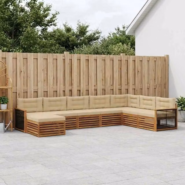 Set di divani da esterno a L con ottoman vidaXL in legno di acacia, colore beige e sabbia, composto da 8 pezzi con cuscini inclusi