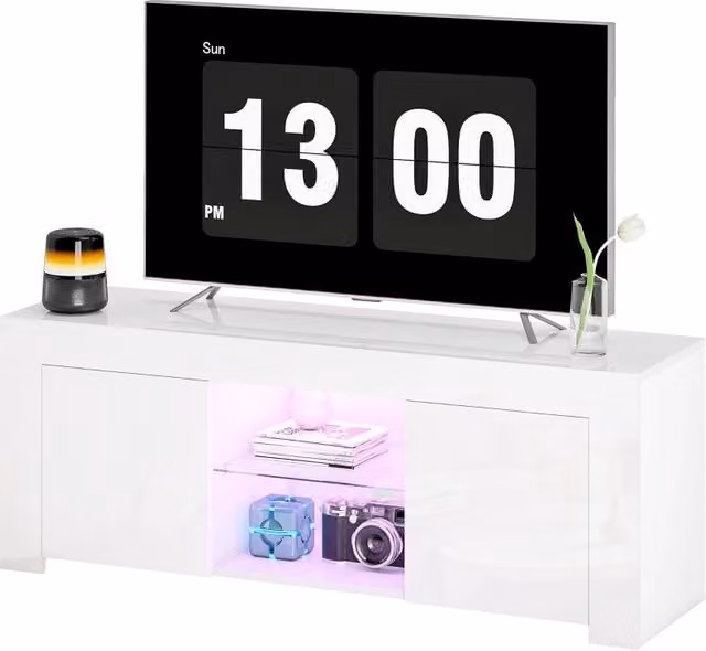Mobile TV moderno bianco con 2 ante, 2 vani, ripiano in vetro e illuminazione LED RGB, con passacavi, L: 120 cm, P: 34 cm, H: 45 cm