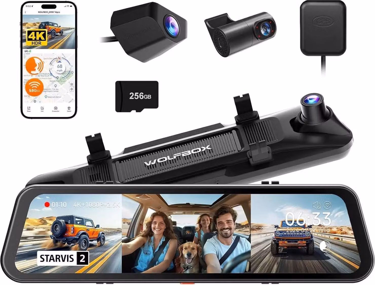 Dashcam, risoluzione 4K, visione notturna, nessun kit di cablaggio, 256G TF