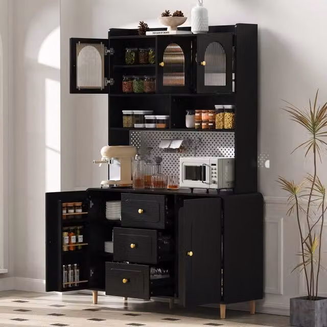 Mobile colonna da cucina con pannello forato ripiani regolabili e 3 cassetti MDF nero 120 × 40 × 190 cm