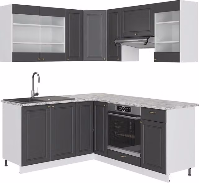 Cucina angolare moderna Vicco Fame-Line Antracite, Oro e Bianco con ante in vetro e sistema soft-close L/P/H: 190 x 160 x 206,8 cm