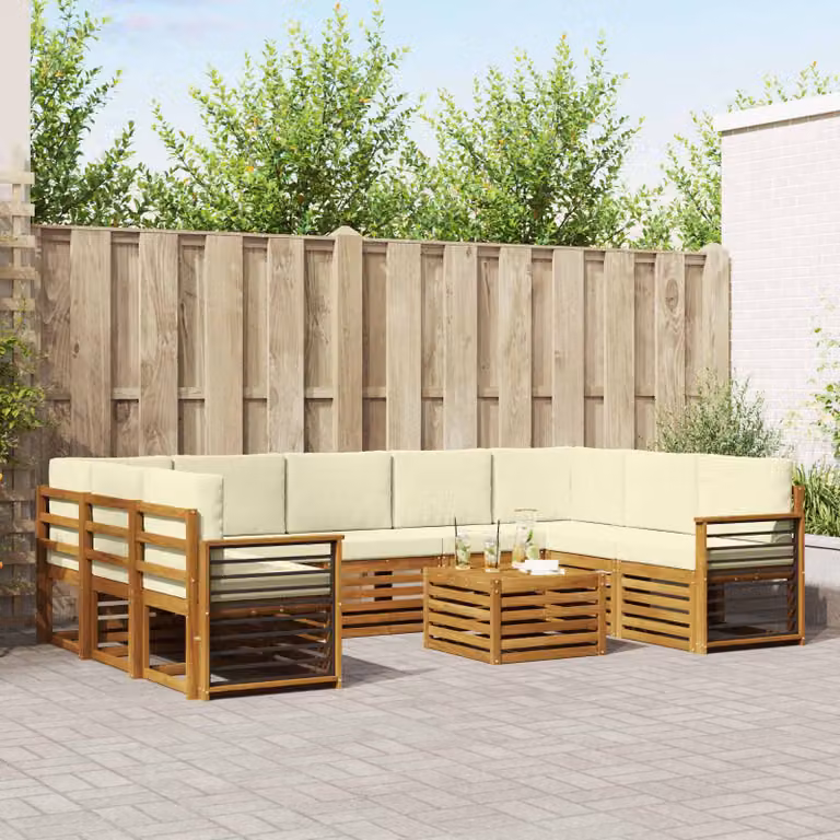 Set di divani da esterno vidaXL a forma di U in legno di acacia con cuscini, colore naturale e crema